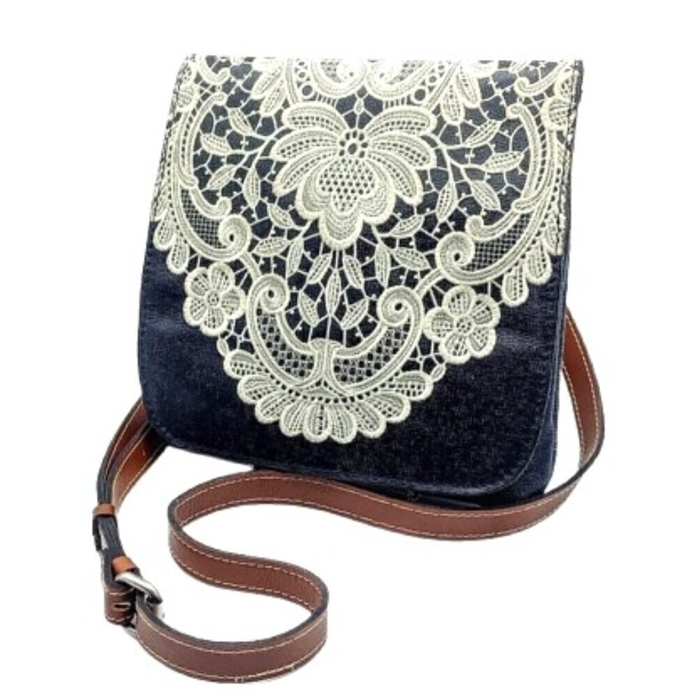 Patricia Nash Toscano Navy Blue Ivory Embroidered Leather Bag